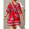 imageOYOANGLE Womens Plus Size Boho Floral Print High Waist V Neck Flared A Line Short DressLight Red