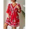 imageOYOANGLE Womens Plus Size Boho Floral Print High Waist V Neck Flared A Line Short DressLight Red