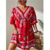 imageOYOANGLE Womens Plus Size Boho Floral Print High Waist V Neck Flared A Line Short DressLight Red