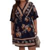 imageOYOANGLE Womens Plus Size Boho Floral Print High Waist V Neck Flared A Line Short DressNavy Blue
