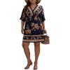 imageOYOANGLE Womens Plus Size Boho Floral Print High Waist V Neck Flared A Line Short DressNavy Blue