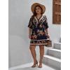 imageOYOANGLE Womens Plus Size Boho Floral Print High Waist V Neck Flared A Line Short DressNavy Blue