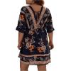 imageOYOANGLE Womens Plus Size Boho Floral Print High Waist V Neck Flared A Line Short DressNavy Blue