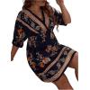 imageOYOANGLE Womens Plus Size Boho Floral Print High Waist V Neck Flared A Line Short DressNavy Blue