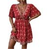 imageOYOANGLE Womens Plus Size Boho Floral Print High Waist V Neck Flared A Line Short DressRed Floral