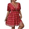 imageOYOANGLE Womens Plus Size Boho Floral Print High Waist V Neck Flared A Line Short DressRed Floral