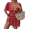 imageOYOANGLE Womens Plus Size Boho Floral Print High Waist V Neck Flared A Line Short DressRed Floral