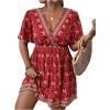 imageOYOANGLE Womens Plus Size Boho Floral Print High Waist V Neck Flared A Line Short DressRed Floral