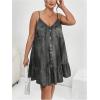 imageOYOANGLE Womens Plus Size Button Front V Neck Denim Cami Dress Ruffle Hem Jean Short SundressDark Grey