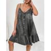 imageOYOANGLE Womens Plus Size Button Front V Neck Denim Cami Dress Ruffle Hem Jean Short SundressDark Grey