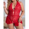 imageOYOANGLE Womens Plus Size Cut Out Tie Back Halter Lace Teddy Romper Bodysuit LingerieDark Red