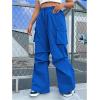 imageOYOANGLE Womens Plus Size Drawstring Waist Wide Leg Casual Cargo Pants with PocketBlue