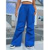 imageOYOANGLE Womens Plus Size Drawstring Waist Wide Leg Casual Cargo Pants with PocketBlue