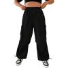 imageOYOANGLE Womens Plus Size Elastic High Waist Flap Pocket Cargo Pants Streetwear Loose Baggy Trousers with PocketBlack