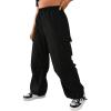 imageOYOANGLE Womens Plus Size Elastic High Waist Flap Pocket Cargo Pants Streetwear Loose Baggy Trousers with PocketBlack