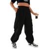imageOYOANGLE Womens Plus Size Elastic High Waist Flap Pocket Cargo Pants Streetwear Loose Baggy Trousers with PocketBlack
