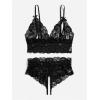 imageOYOANGLE Womens Plus Size Floral Lace Spaghetti Strap Cut Out Bra and Panty Two Piece Lingerie SetBlack