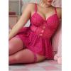 imageOYOANGLE Womens Plus Size Garter Lingerie Set Polka Dots Cut Out Underwire Chemise Nightgown with StockingHot Pink