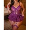 imageOYOANGLE Womens Plus Size Garter Lingerie Set Polka Dots Cut Out Underwire Chemise Nightgown with StockingPurple