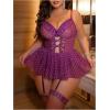 imageOYOANGLE Womens Plus Size Garter Lingerie Set Polka Dots Cut Out Underwire Chemise Nightgown with StockingPurple