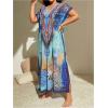 imageOYOANGLE Womens Plus Size Graphic Print Beach Coverups V Neck Short Sleeve Cover Up Maxi Dress SwimwearBlue