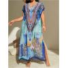 imageOYOANGLE Womens Plus Size Graphic Print Beach Coverups V Neck Short Sleeve Cover Up Maxi Dress SwimwearBlue
