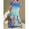 imageOYOANGLE Womens Plus Size Graphic Print Beach Coverups V Neck Short Sleeve Cover Up Maxi Dress SwimwearBlue