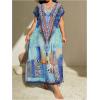 imageOYOANGLE Womens Plus Size Graphic Print Beach Coverups V Neck Short Sleeve Cover Up Maxi Dress SwimwearBlue