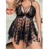 imageOYOANGLE Womens Plus Size Heart Print Lace Sheer Open Front Chemise Nightgown Babydoll Nightie NightwearBlack