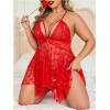 imageOYOANGLE Womens Plus Size Heart Print Lace Sheer Open Front Chemise Nightgown Babydoll Nightie NightwearRed