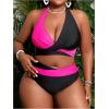 imageOYOANGLE Womens Plus Size High Waisted Bikini Set 2 Piece Color Block Criss Cross Halter Bathing SuitsBlack and Hot Pink