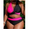 imageOYOANGLE Womens Plus Size High Waisted Bikini Set 2 Piece Color Block Criss Cross Halter Bathing SuitsBlack and Hot Pink