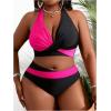 imageOYOANGLE Womens Plus Size High Waisted Bikini Set 2 Piece Color Block Criss Cross Halter Bathing SuitsBlack and Hot Pink
