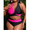 imageOYOANGLE Womens Plus Size High Waisted Bikini Set 2 Piece Color Block Criss Cross Halter Bathing SuitsBlack and Hot Pink