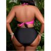 imageOYOANGLE Womens Plus Size High Waisted Bikini Set 2 Piece Color Block Criss Cross Halter Bathing SuitsBlack and Hot Pink