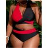 imageOYOANGLE Womens Plus Size High Waisted Bikini Set 2 Piece Color Block Criss Cross Halter Bathing SuitsRed and Black