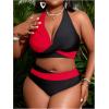 imageOYOANGLE Womens Plus Size High Waisted Bikini Set 2 Piece Color Block Criss Cross Halter Bathing SuitsRed and Black