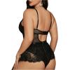 imageOYOANGLE Womens Plus Size Lace Babydoll Spaghetti Strap V Neck Cut Out Teddy Lingerie Set with Garter BeltsBlack