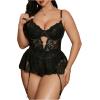 imageOYOANGLE Womens Plus Size Lace Babydoll Spaghetti Strap V Neck Cut Out Teddy Lingerie Set with Garter BeltsBlack