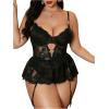 imageOYOANGLE Womens Plus Size Lace Babydoll Spaghetti Strap V Neck Cut Out Teddy Lingerie Set with Garter BeltsBlack