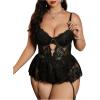 imageOYOANGLE Womens Plus Size Lace Babydoll Spaghetti Strap V Neck Cut Out Teddy Lingerie Set with Garter BeltsBlack