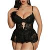 imageOYOANGLE Womens Plus Size Lace Babydoll Spaghetti Strap V Neck Cut Out Teddy Lingerie Set with Garter BeltsBlack