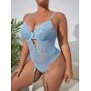 imageOYOANGLE Womens Plus Size Lace Babydoll Spaghetti Strap V Neck Cut Out Teddy Lingerie Set with Garter BeltsBlue