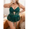 imageOYOANGLE Womens Plus Size Lace Babydoll Spaghetti Strap V Neck Cut Out Teddy Lingerie Set with Garter BeltsDark Green