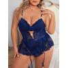 imageOYOANGLE Womens Plus Size Lace Babydoll Spaghetti Strap V Neck Cut Out Teddy Lingerie Set with Garter BeltsNavy Blue
