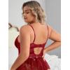 imageOYOANGLE Womens Plus Size Lace Babydoll Spaghetti Strap V Neck Cut Out Teddy Lingerie Set with Garter BeltsRed