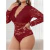 imageOYOANGLE Womens Plus Size Lace Sheer Deep V Neck Long Sleeve Bodysuit Leotard TopsRed