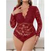 imageOYOANGLE Womens Plus Size Lace Sheer Deep V Neck Long Sleeve Bodysuit Leotard TopsRed