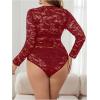 imageOYOANGLE Womens Plus Size Lace Sheer Deep V Neck Long Sleeve Bodysuit Leotard TopsRed