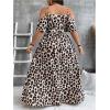 imageOYOANGLE Womens Plus Size Leopard Print Cold Shoulder Wrap V Neck Long Dress Belted Split Thigh DressesBrown